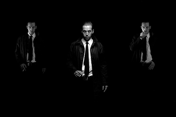 Film Noir fashion image triptych in black and white of a man smoking.